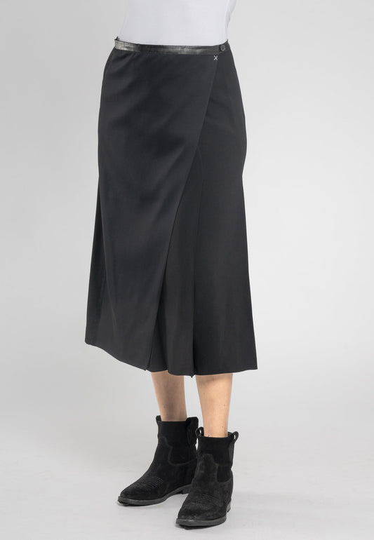 Masha Black a Line Split Midi Skirt - Chic Italian Viscose Fabric With Eco-Leather Waistband, Made in Italy