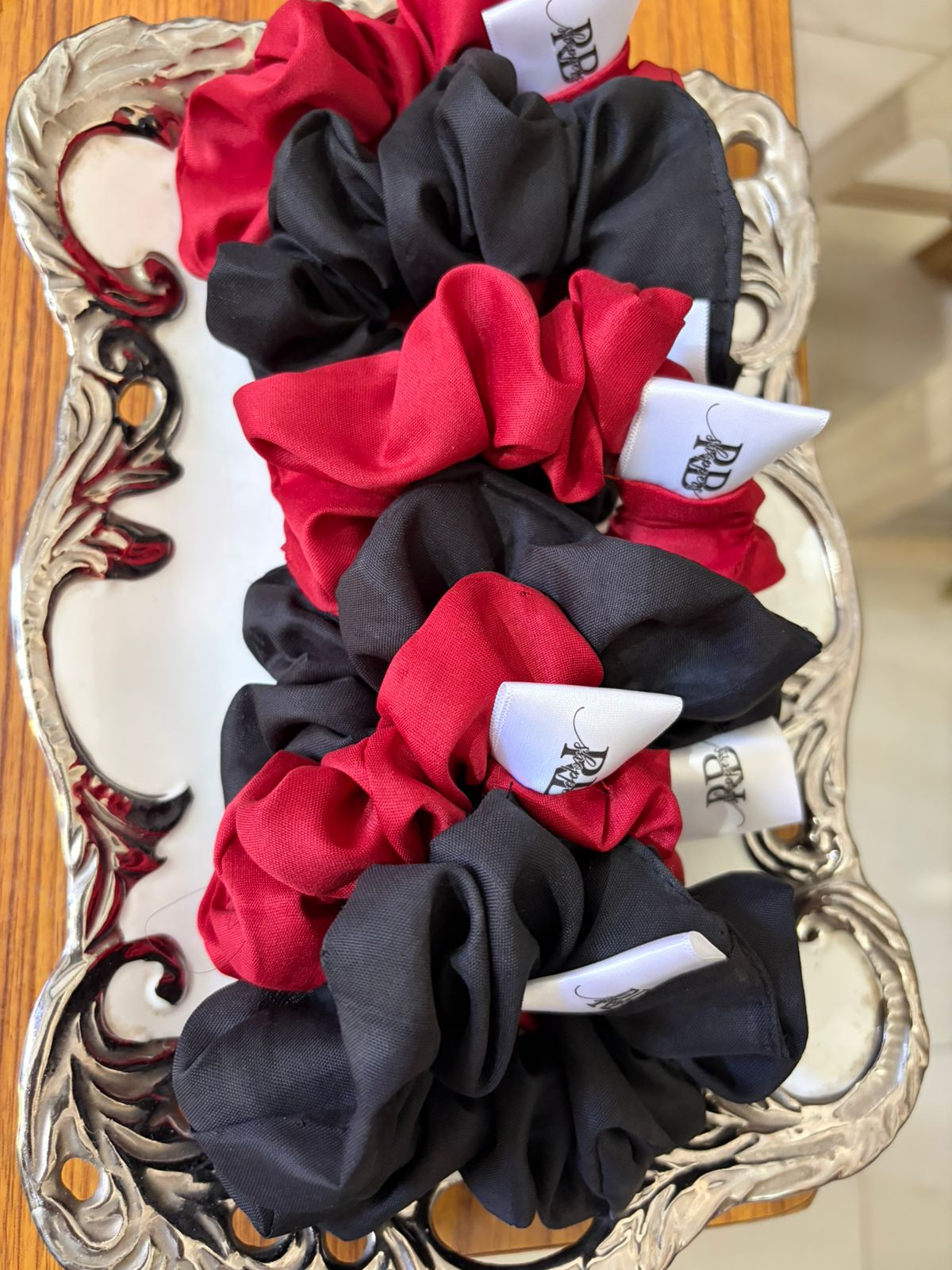 RB Shoppers Satin Scrunchie Combo – Black & Red (Pack of 2)