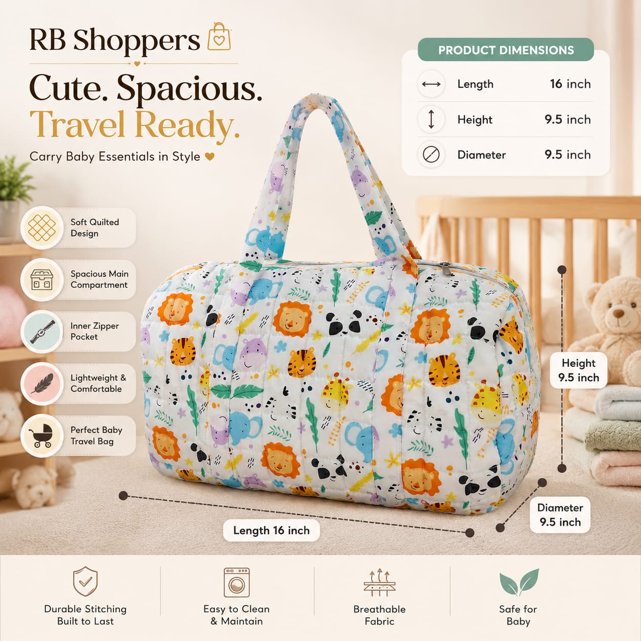 RB Shoppers Quilted Maternity Duffle Bag – Safari Animal Print Baby Travel Tote