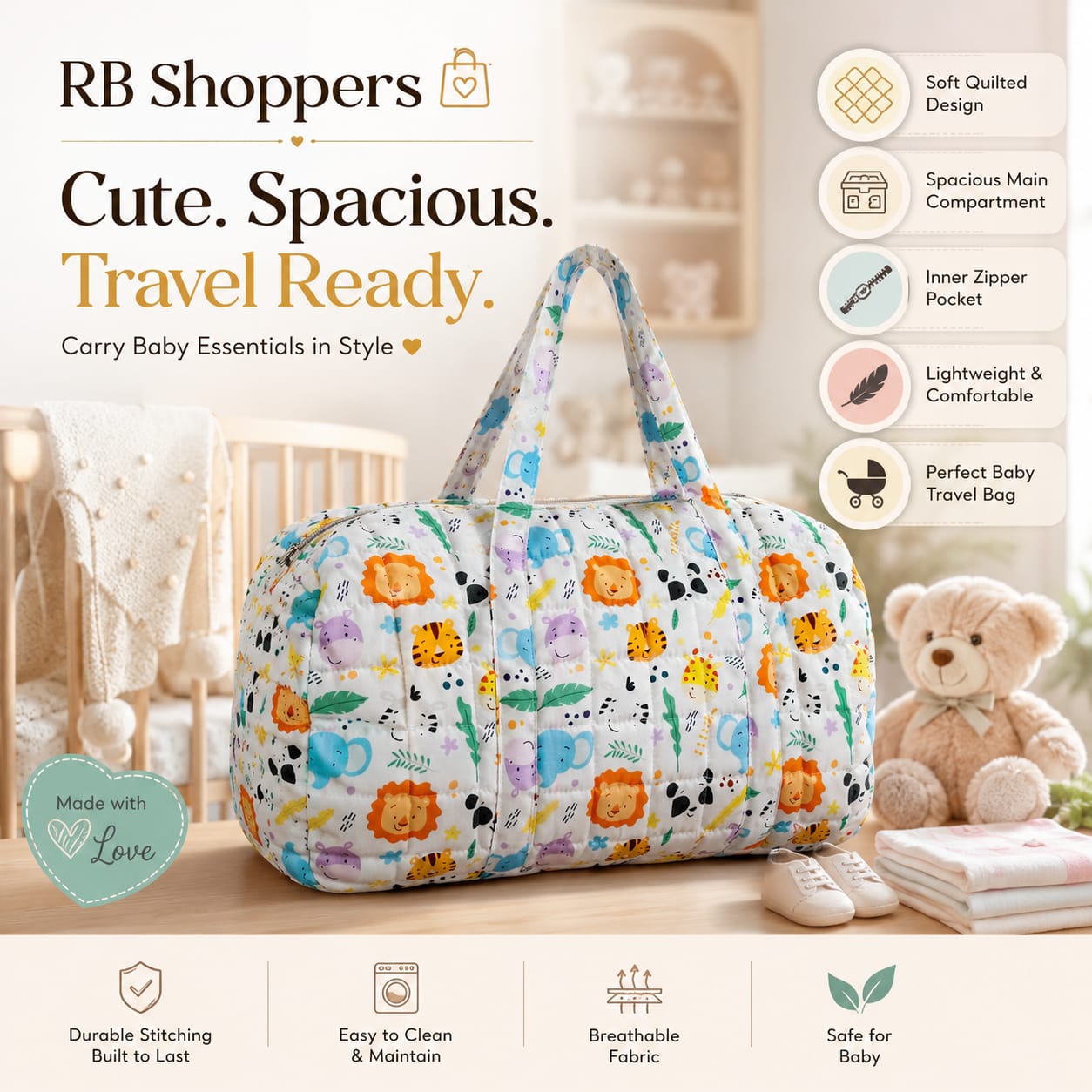RB Shoppers Quilted Maternity Duffle Bag – Safari Animal Print Baby Travel Tote