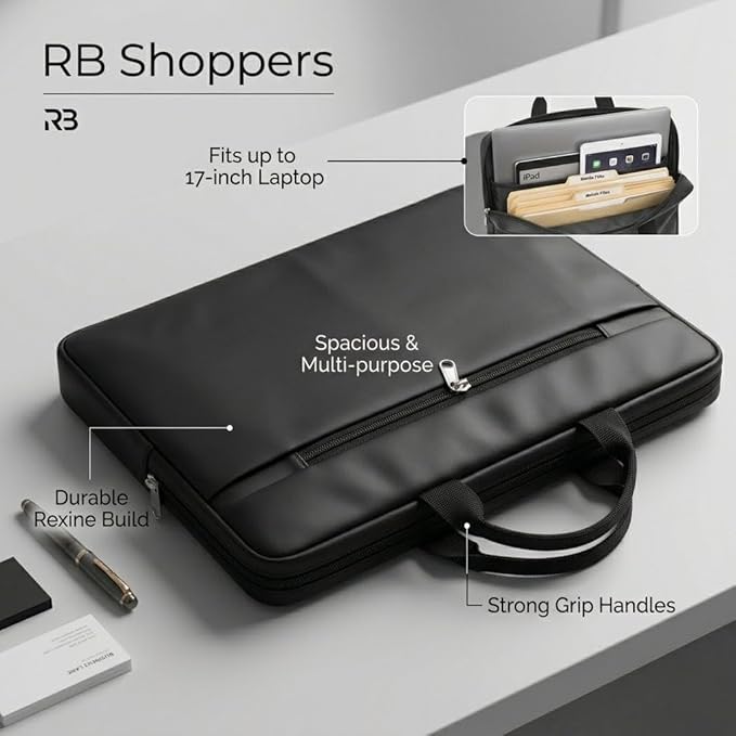 RB Shoppers Stylish Laptop Sleeve Bag | Durable Rexine Build | Zipper Closure | Perfect for Office, Travel & Daily Use | Fits up to 17 Inches